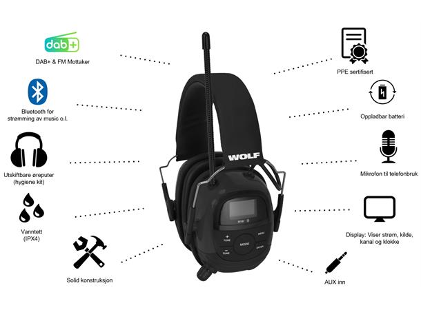 Wolf Hørselsvern PRO- DAB+ og Bluetooth Inkludert støyreduserende mikrofon